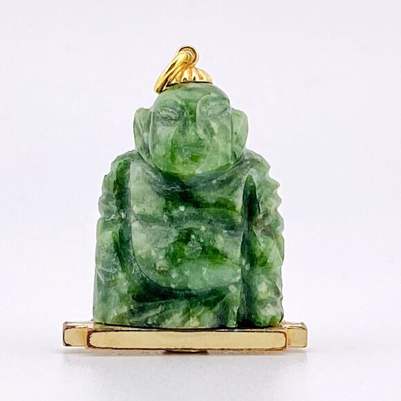 Winnard  Carved Spinach Jadeite Jade Buddha Gold Filled Pendant Signed Vintage - Picture 1 of 4